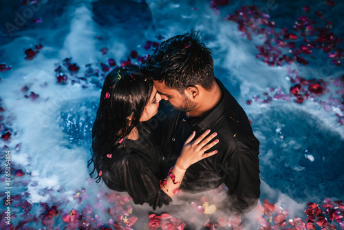Couple embracing in a pool, symbolizing connection, trust, and togetherness in a calm and creative concept of love and unity, ideal for relationship or lifestyle themes.