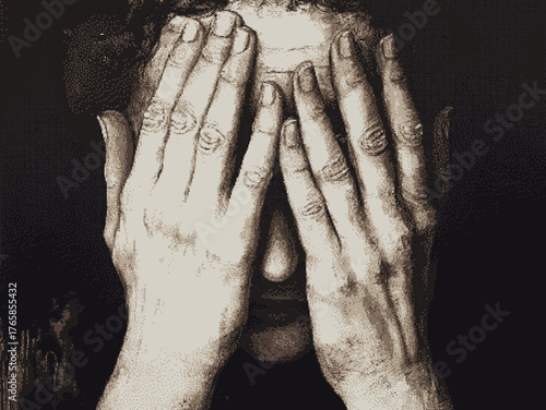 A distressed individual with hands covering their face in a somber monochrome style