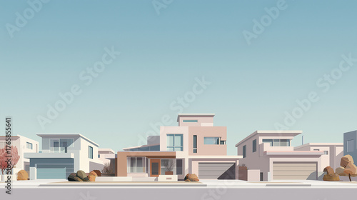 Minimalist Modern Suburban Houses in a Clean Residential Neighborhood Under Clear Blue Sky