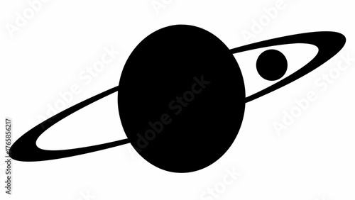 Stylized black and white depiction of a planet with rings and a moon in orbit around the planet