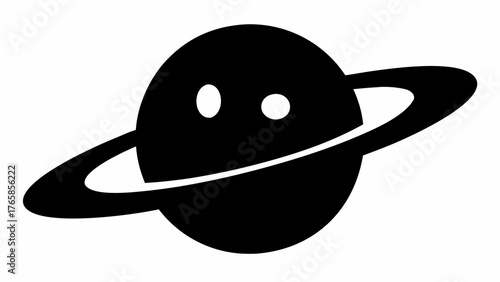 Black and white saturn like planet with rings and two oval eyes floating in empty white space view
