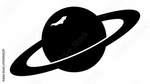A stylized black and white depiction of saturn with its rings on a white background plain view image