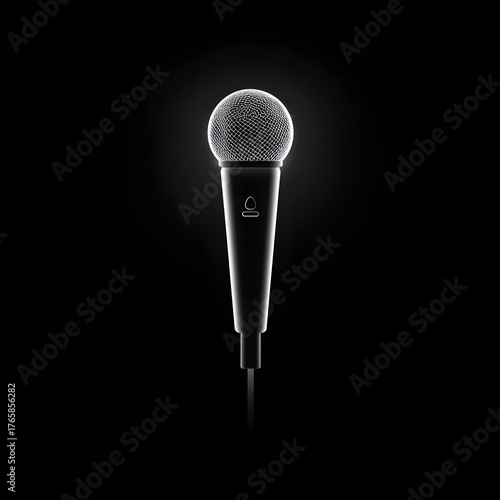 A starkly lit microphone stands out against a deep black background creating a dramatic contrast effect