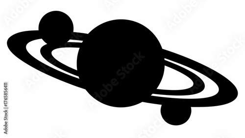 Black and white illustration of a planet with rings and two moons orbiting around the planet view from space