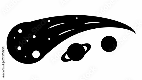 Silhouette of a comet with stars and planets including saturn in a monochrome space scene design