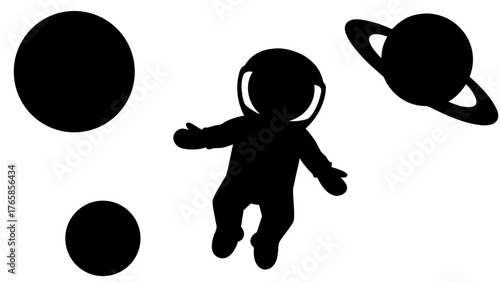 Silhouette of astronaut floating in space with planets and saturn visible in the background design