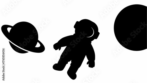 Silhouette of astronaut floating in space with planet and moon in black and white illustration