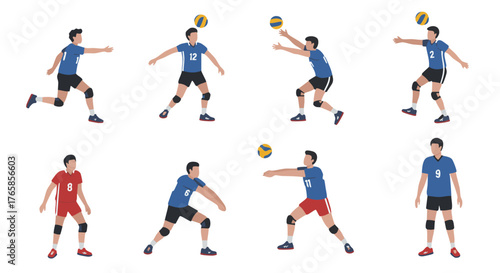 Diverse Volleyball Players in Action: A Vector Illustration Showcasing Teamwork and Skill