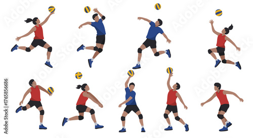 Dynamic Volleyball Players in Action Set: Illustrations of Athletes Spiking Serving and Bumping