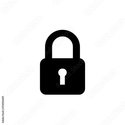 A simple black padlock with a keyhole centered on a white background in a minimalist design style