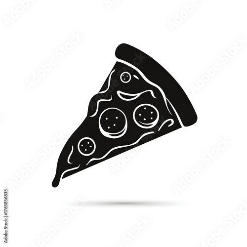 A black and white graphic illustration of a pizza slice with pepperoni toppings and melted cheese