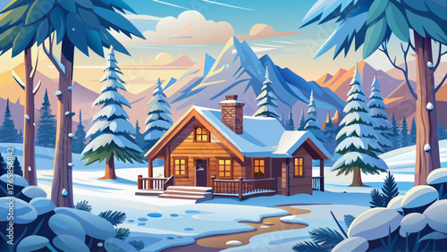Realistic vector of a wooden cabin surrounded by snow-covered trees and hills, cloudy sky, no sunlight, calm winter day atmosphere, soft shadows, peaceful nature scene for seasonal illustration design