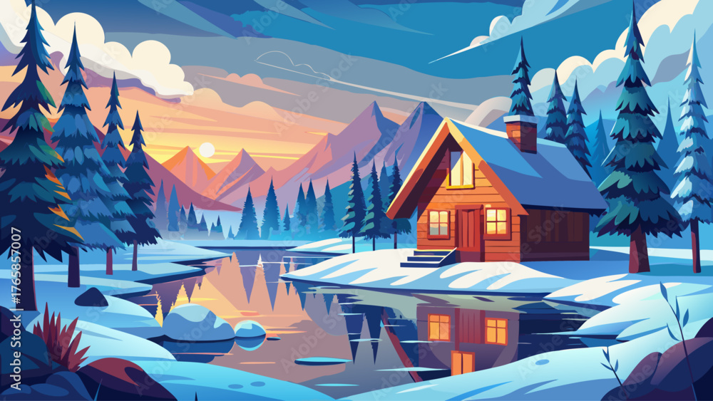 Naklejka premium Vector illustration of a small cozy cabin near a frozen lake, surrounded by pine trees, cloudy winter sky, no sunlight, realistic style, cold and quiet day scene, natural atmosphere