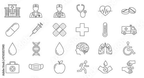 Minimalist Medical and Healthy Lifestyle Icons Outline Set"