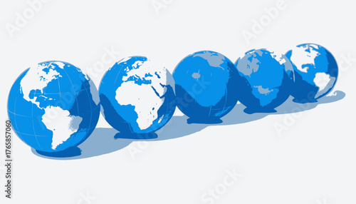 Five blue and white globes on a white surface, with soft shadows. The globes are side by side