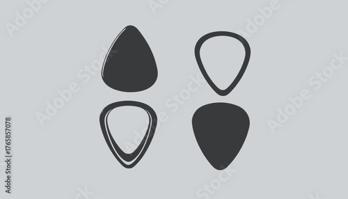 Four stylized teardrop shapes, in various configurations, against a gray background