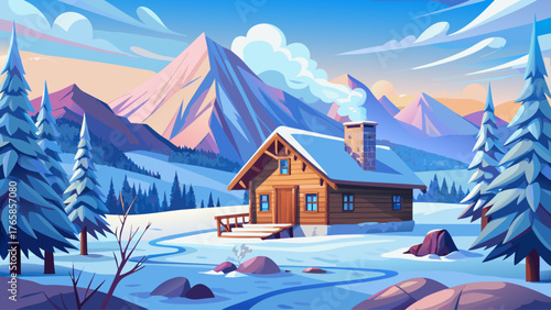 Vector scene showing a realistic wooden cabin near snowy hills, cloudy winter sky, no sunlight, cold peaceful day, quiet nature landscape, perfect for illustration and seasonal stock art
