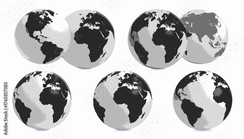 A grayscale image features seven stylized globes showcasing different views of Earth