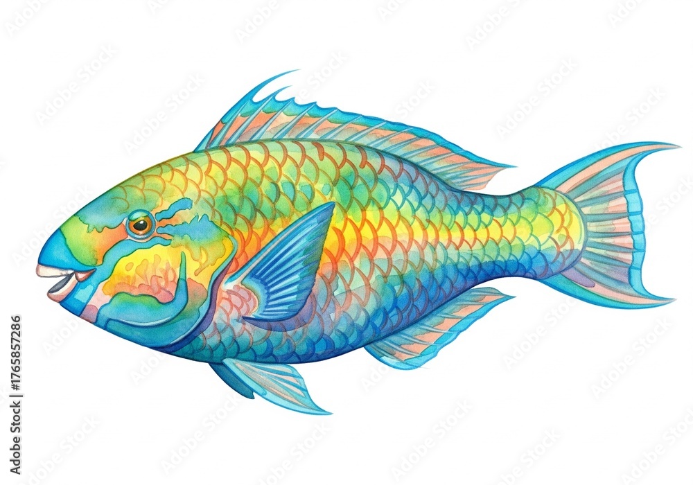Fototapeta premium Parrotfish watercolor, animal fish underwater life, white background