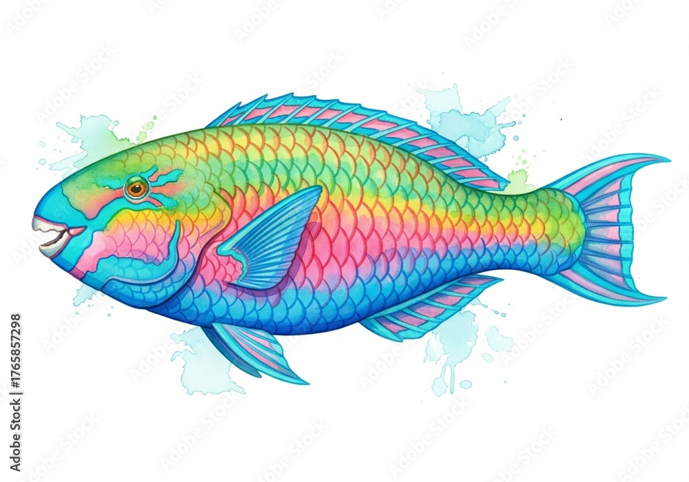 Fototapeta premium Parrotfish watercolor, animal fish underwater life, white background
