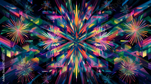 Abstract Geometric Fireworks – Vibrant Fractal Burst with Rainbow Colors and Kaleidoscopic Patterns
