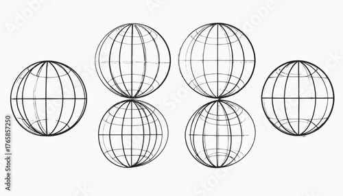 Black and white illustration of six globes arranged in a graphic and symmetrical composition