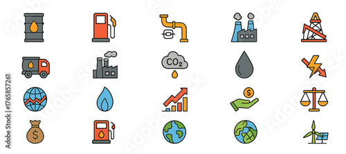 Energy and economy colored icons — oil, gas, renewable power and global market