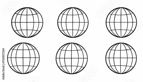 Six globes outlined in black against a white background, all with grids representing the earth