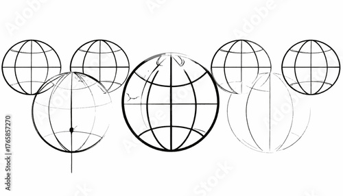 Stylized, monochromatic graphic features several globe representations in varying stages of completion