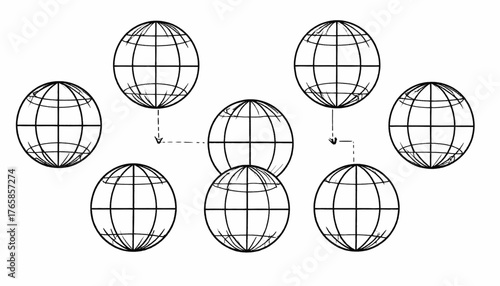 A black and white line drawing of eight globes, some connected with arrows