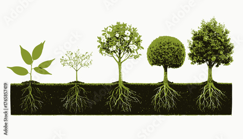 Illustration of a tree's growth cycle, from sprout to a mature tree, with roots visible