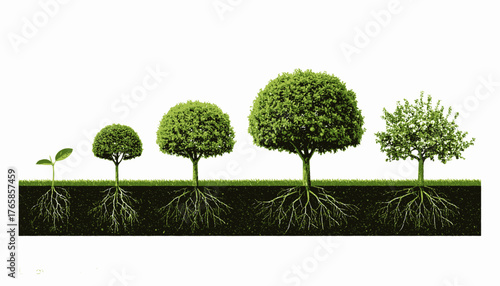 Illustration depicting tree growth stages, from sprout to fully developed tree, showing roots