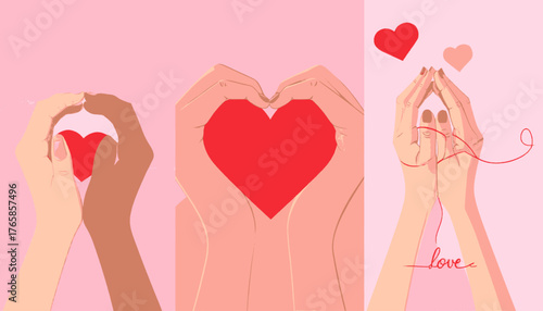 Three panels featuring hands forming hearts and a handwritten "love" on a pink background