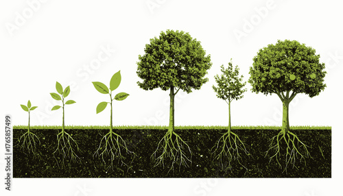 Visual representation of plant growth, showcasing stages from sprout to mature tree, including roots