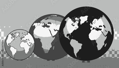 Three stylized, grayscale globes of Earth, varying in size, presented against a textured background