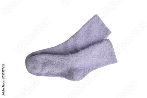 Pair of cozy purple woolen socks on transparent background