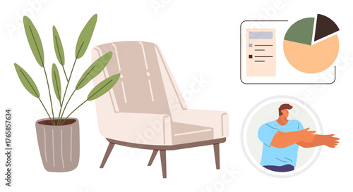 Armchair beside potted plant with colorful charts and avatar icon for data representation. Ideal for productivity, analysis, relaxation, balance, office d cor, planning, simple flat metaphor