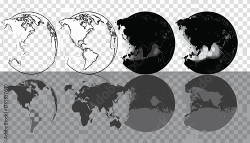 Series of eight stylized, grayscale world maps, progressing from outlines to solid shades, on checkered background