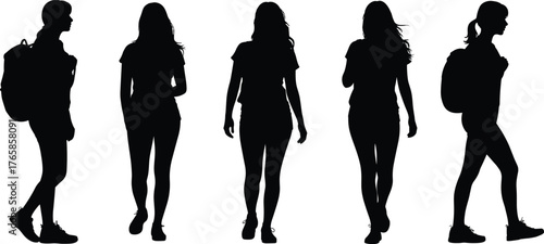 Silhouette women walking with backpacks, female students traveler group, education lifestyle commute, diverse motion poses, academic journey, outdoor activity,