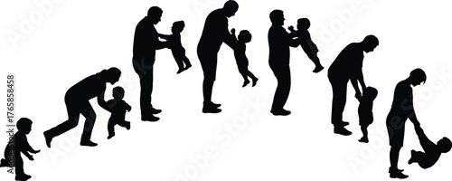 Silhouette adult lifting child, parent holding kid, family love bond, father mother with child, parenting care, childhood happiness, parent child relationship, emotional connection