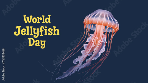 Vector art of a single, vibrant jellyfish floats gracefully in the deep blue ocean, illuminated by ethereal light, celebrating world jellyfish day