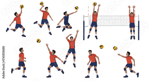 Dynamic volleyball players demonstrating various actions in the game against a white background