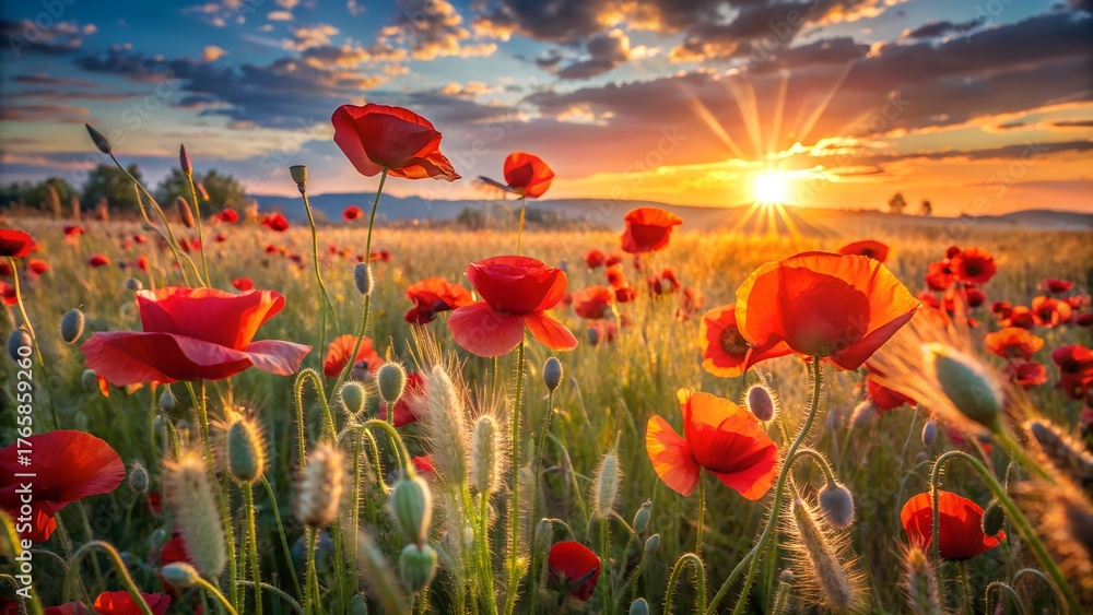 Fototapeta premium Vibrant red poppies bloom in a golden wheat field at sunset with dramatic clouds and warm sun rays