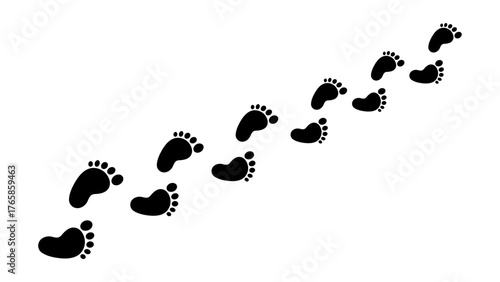 Black human footprints barefoot steps walking path vector.