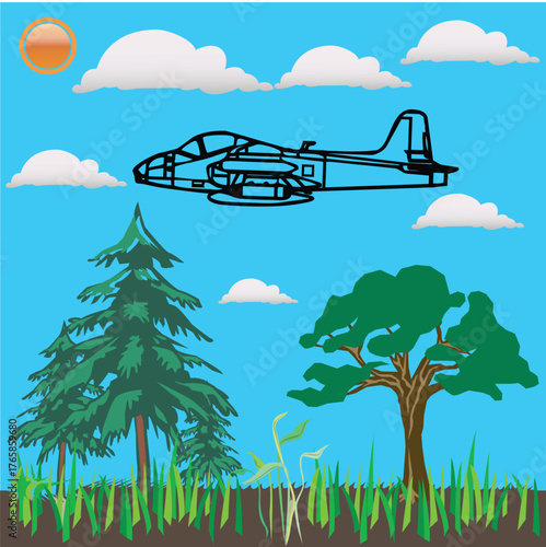 A colorful cartoon airplane is flying through the blue sky over a summer landscape with mountains, trees, and a beach