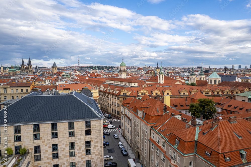 Fototapeta premium Beautiful Aerial View of Prague City, Czech Republic — Historic Skyline with Vltava River, Charles Bridge and Prague Castle