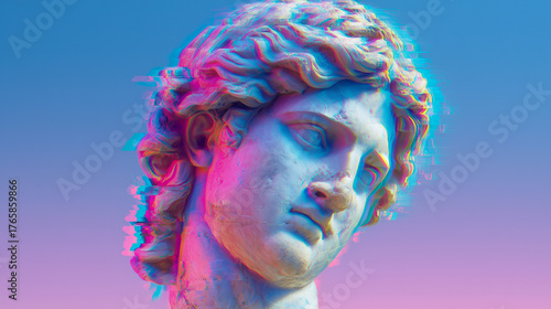 Classical statue with a digital glitch effect in pink and blue tones on a gradient background.
