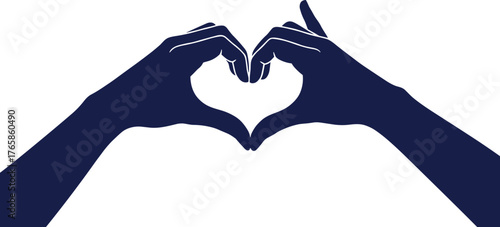 Two dark blue hands forming a heart shape against a white background love gesture