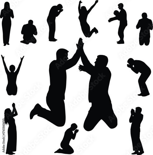 Silhouette people, jumping high five, teamwork success, celebration crowd, cheering audience, clapping hands, praying pose, human gestures, unity concept, expressive actions, group interaction, joy