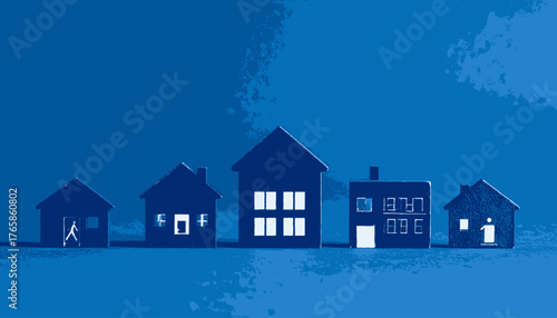 A line of stylized houses in shades of blue, with windows and doors glowing white
